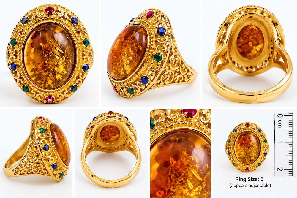 Gold Tone Oval Amber Color Statement Ring Multicolor Accents Size 5